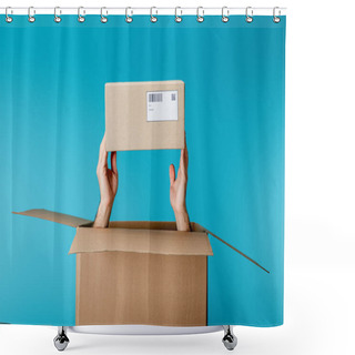Personality  Cropped View Of Courier Holding Cardboard Box From Package Isolated On Blue Shower Curtains