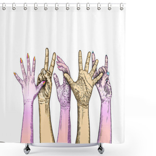 Personality  Five Fists Raised In Protest On White Background. Ink Style Post Shower Curtains
