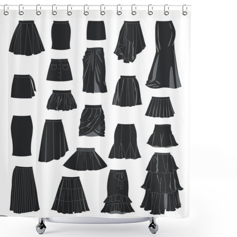 Personality  Set Of Silhouettes Of Women's Skirts, A Lot Of Different Models, Isolated On White Background Shower Curtains