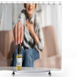 Personality  Cropped View Of Mature Woman Taking Bottle With Cbd Lettering At Home Shower Curtains