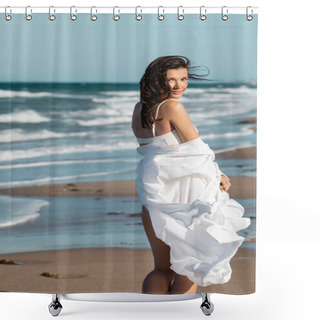 Personality  Young Woman In White Shirt And Swimwear Standing Near Ocean Shower Curtains
