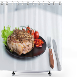 Personality  Close-up View Of Delicious Grilled Steak With Lettuce, Pepper And Cherry Tomatoes On Black Plate Shower Curtains