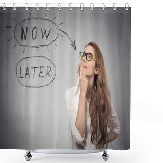 Personality  Now Or Later. Woman Thinking Looking Up. Human Face Expression  Shower Curtains