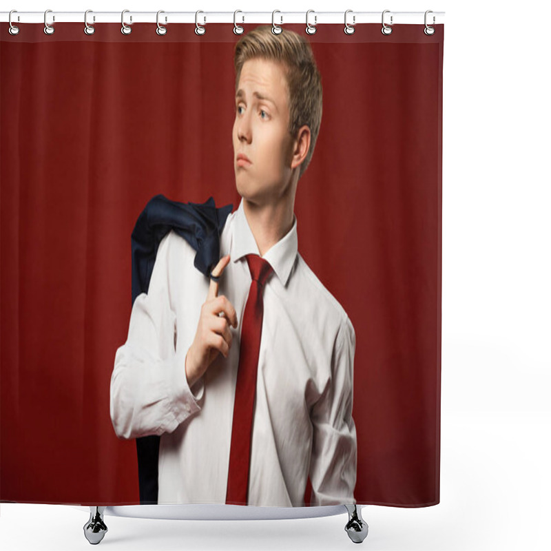 Personality  confident man with jacket on finger on red background shower curtains