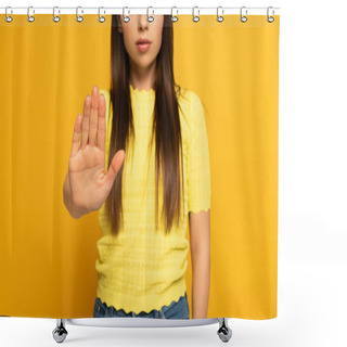 Personality  Cropped View Of Woman Showing No Sign On Yellow Background Shower Curtains