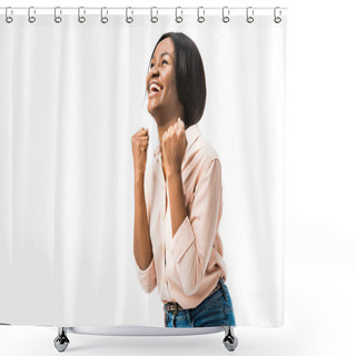 Personality  Smiling African American Woman Showing Yes Gesture Isolated On White  Shower Curtains