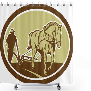 Personality  Horse And Farmer Plowing Farm Oval Retro Shower Curtains