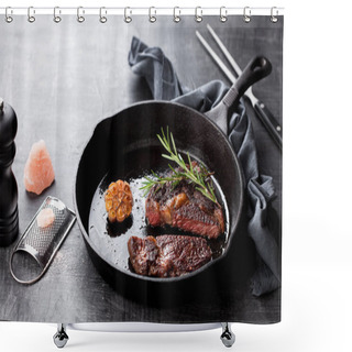 Personality  Roasted Beef Ribeye Steak In A Cast Iron Frying Pan, A Selective Focus Shower Curtains