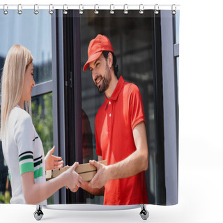 Personality  Smiling Waiter Giving Pizza Boxes To Woman Near Cafe On Urban Street  Shower Curtains