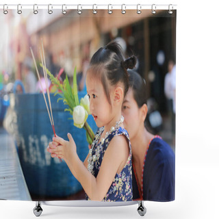 Personality  Asian Mother And Child Girl In Traditional Songkran Festival Dress Holding Incense Pay Respect Shower Curtains