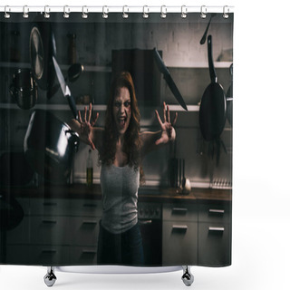 Personality  Creepy Demoniacal Yelling Girl With Levitating Kitchenware In Kitchen Shower Curtains
