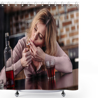Personality  Portrait Of Woman Smoking Cigarette While Sitting At Table With Glass Of Alcohol At Home Shower Curtains
