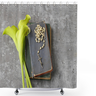 Personality  White Calla Flowers (Zantedeschia), Rosary And Holy Bible On Sto Shower Curtains