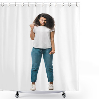 Personality  Angry Curly African American Girl In White T-shirt Showing Fist Isolated On White  Shower Curtains