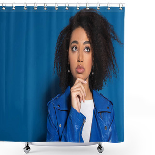 Personality  Pensive African American Woman Looking Away On Blue Background Shower Curtains