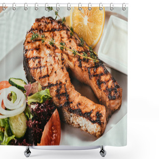 Personality  Close-up View Of Grilled Salmon Fish Pieces With Lemon, Herbs And Salad On White Plate  Shower Curtains