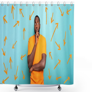 Personality  Confuse And Pensive Expression Of A Boy With Many Arrows To Follow. Cyan Colored Background Shower Curtains