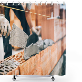 Personality  Close Up Of Construction Worker Details, Protective Gear And Trowel With Mortar Building Brick Walls Shower Curtains