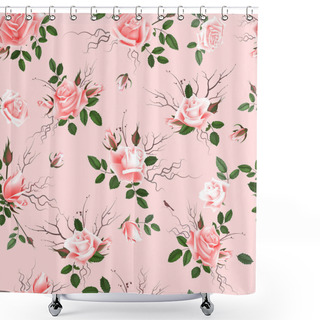 Personality  Roses Seamless Pattern. A Bouquet Of Delicate Flowers, Buds And Twigs. Vekton Illustration EPS10 Shower Curtains