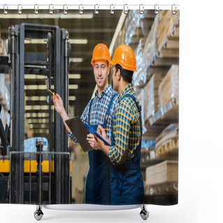 Personality  Smiling Warehouse Worker In Uniform And Helmet Talking To Indian Colleague Shower Curtains