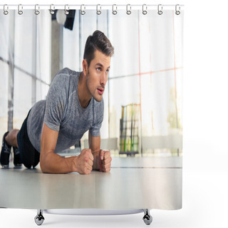 Personality  Man Doing Planking Exercise In Gym Shower Curtains
