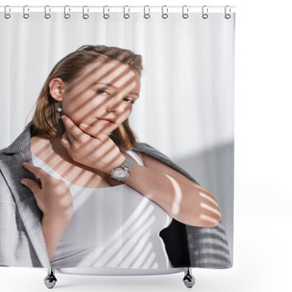 Personality  Pensive, Confident Plus Size Girl In White Top And Grey Blazer Looking At Camera On White In Sunlight With Shadows Shower Curtains