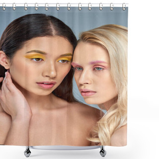 Personality  Multicultural Models With Bold Eye Makeup Posing Together On Blue Backdrop, Beauty Trend Concept Shower Curtains