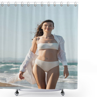 Personality  Cheerful Young Woman In White Shirt And Swimwear Walking On Sea Shore  Shower Curtains