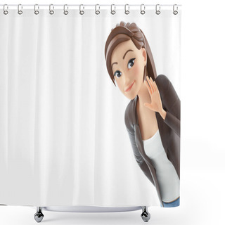 Personality  3d Portrait Cartoon Woman Saying Hello, Illustration Isolated On White Background Shower Curtains