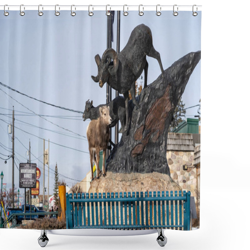 Personality  Radium Hot Springs, British Columbia, Canada - Janurary 20, 2019: A Confused Bighorn Sheep Baby Ewe Stands On Top Of A Statue Of Bighorn Sheep, Confused, Thinking The Animals Are Real. Shower Curtains