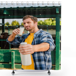 Personality  Selective Focus Of Farmer In Checkered Shirt Holding Glass And Bottle Of Milk While Looking At Camera Shower Curtains