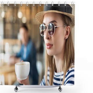 Personality  Woman With Cup Of Coffee In Cafe Shower Curtains