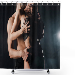 Personality  Cropped View Of Shirtless Man Touching Seductive Woman In Lace Lingerie On Black With Smoke  Shower Curtains