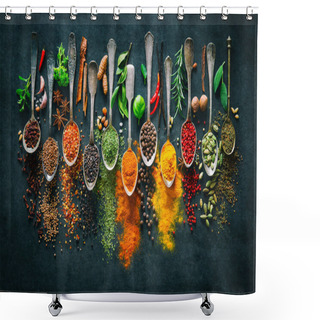Personality  Herbs And Spices For Cooking On Dark Background  Shower Curtains