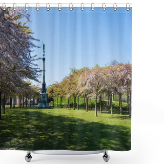 Personality  Monument Between Beautiful Blooming Trees In Park, Copenhagen, Denmark Shower Curtains