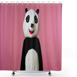 Personality  Person In Black And White Panda Bear Costume Isolated On Pink  Shower Curtains