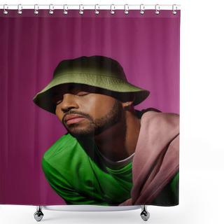 Personality  Bearded African American Man In Green Panama With Closed Eyes On Purple Backdrop, Fashion Concept Shower Curtains