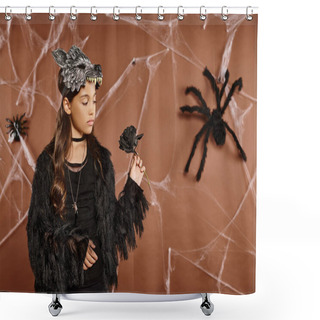 Personality  Pretty Girl In Wolf Mask Holding Black Rose With Spiderwebs On Backdrop, Halloween Concept Shower Curtains