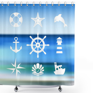 Personality  Sea Icon Collection Isolated On A Blue Water Background Shower Curtains