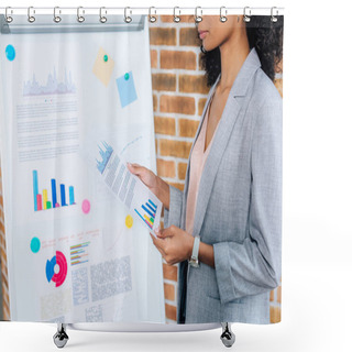 Personality  Cropped View Of African American Casual Businesswoman Holding Paper With Graph Near Flipchart In Loft Office Shower Curtains