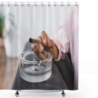 Personality  Partial View Of African American Woman Holding Rolled Joint With Medical Cannabis Near Ashtray  Shower Curtains
