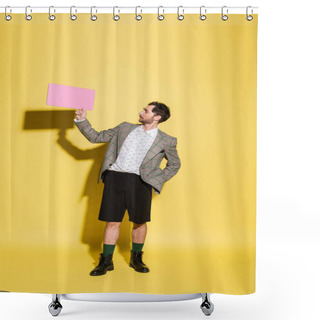 Personality  Side View Of Stylish Model In Blazer Looking At Speech Bubble On Yellow Background  Shower Curtains