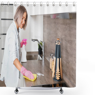 Personality  Woman Doing Cleaning Kitchen. Washing A Kitchen With A Yellow Sponge And Detergent. House Cleaning Shower Curtains
