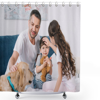 Personality  Selective Focus Of Man Touching Golden Retriever Near Children At Home  Shower Curtains