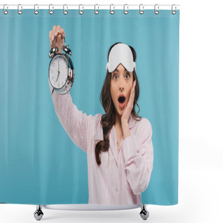 Personality  Shocked Young Woman In Night Mask And Pajamas Holding Alarm Clock Isolated On Blue  Shower Curtains