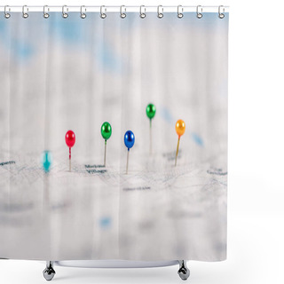 Personality  Close-up Shot Of Colorful Pins On Map Shower Curtains