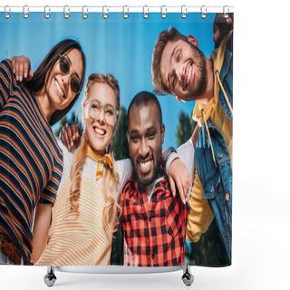 Personality  Bottom View Of Smiling Multiracial Young Friends Looking At Camera With Blue Sky On Background Shower Curtains
