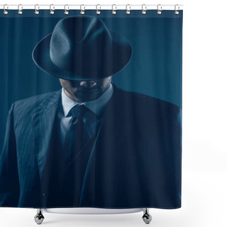 Personality  Mafioso With Covered Eyes With Felt Hat On Dark Blue Background Shower Curtains