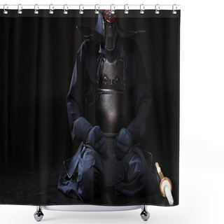 Personality  Partial View Of Kendo Fighter In Helmet With Bamboo Sword Sitting On Black Shower Curtains