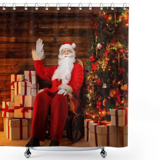 Personality  Santa Claus Sitting On Rocking Chair In Wooden Home Interior With Gift Boxes Around Him Shower Curtains